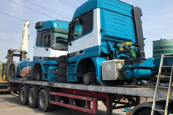 Rear view of loaded tractor units