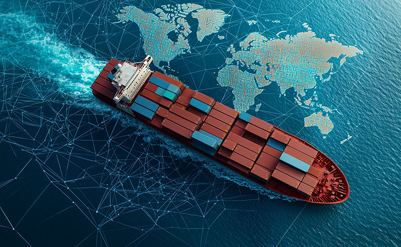 Container Ship with a world map overlay